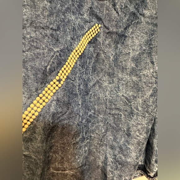 Elisa Cavaletti Italian Blue Acid Wash Pleather Trim Viscose Button Shirt - Picture 6 of 13